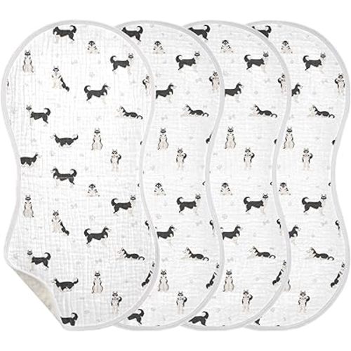 Muslin Baby Burp Cloths, Cute Dogs Siberian Husky Muslin Washcloths Baby Rags Comfy Soft Absorbent in for Newborn Boys and Girls 4 Piece 22 x 11 Inch