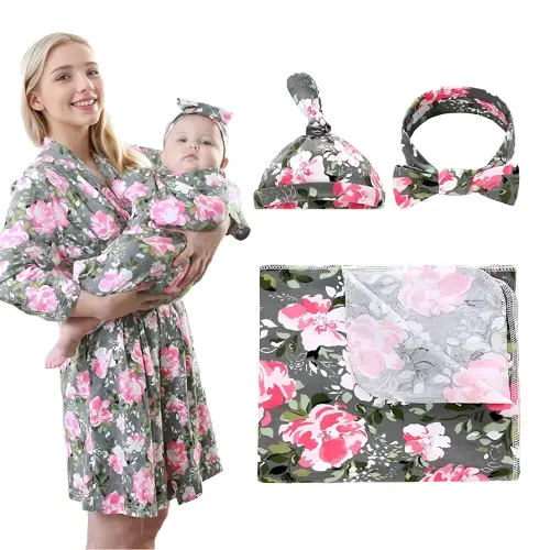4 Pack Maternity Robe and Matching Baby Swaddle Blanket with Hat Headband Set, Stretchy Knitted Delivery Nursing Dress with Pockets and Receiving Blanket for Mummy and Baby (Grey Flower)