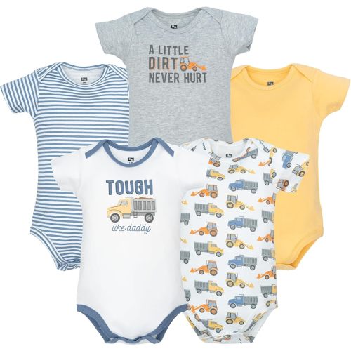 Hudson Baby Infant Boys Cotton Bodysuits 5-Pack, Blue Construction Trucks, Newborn