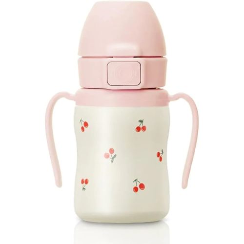 GROSMIMI Insulated 316 Stainless Steel Spill Proof Straw Cup, Water bottle with Flip Top for Toddlers, BPA Free (cherry, 6oz)