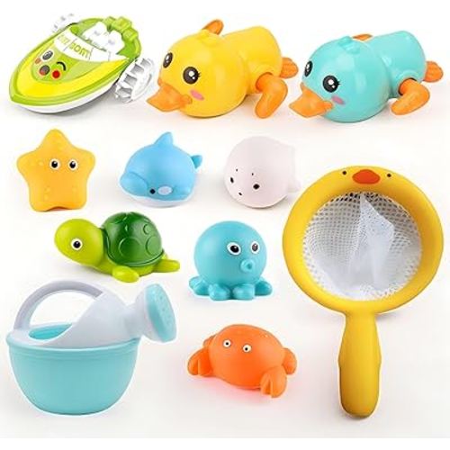 Bath Toys for Babies 6-12 months+, Swimming Ducks Amphibious Dinghy Bath Toys for kids Ages 1-3, No Hole Animal Floating Pool Toys for Toddlers 1-3, Fishing Net Watering Can Baby Bathtub Water Toys