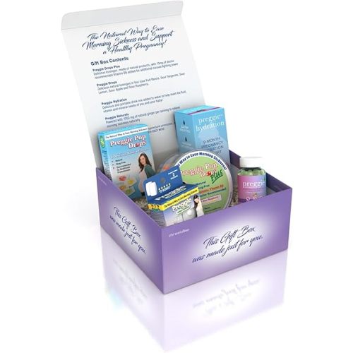 Three Lollies Preggie Gift Box - Natural, Pregnancy Nausea Relief Essentials with Anti-Sickness Lozenges, Hydration Packets, Ginger Capsules, & Anti-Nausea Bands for Morning Sickness