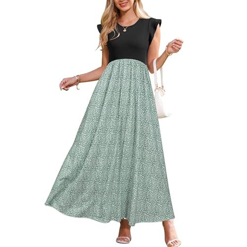 OUGES Women's Maternity Dress Summer Ruffle Sleeve Patchwork Casual Flowy Maxi Dresses with Pockets