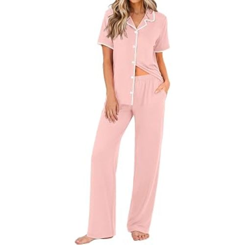 Ekouaer Women's Pajama Sets Button Down Loungewear Short Sleeve Sleepwear 2 Piece Pants Pjs Set with Pockets S-XXL