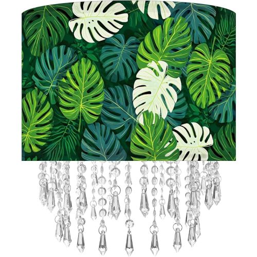 Green Leaf Tropical Leaf Lamp Shade with Acrylic Bead Droplets, Drum Fabric Light Shade for Ceiling Pendant Table or Floor Lamps, Botanical Nature Home Decor, 11.8in