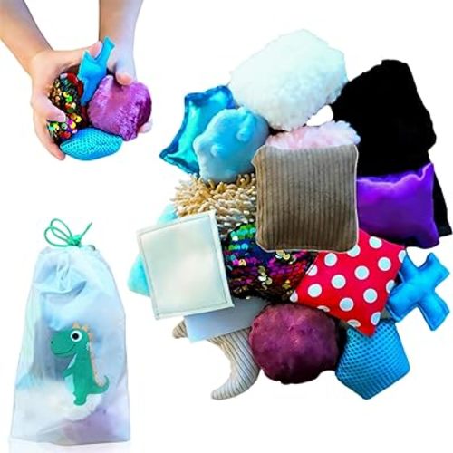 SENSORY4U Sensory Tiles Bag – 16 Textured Sensory Toys for Kids – Tactile & Fine Motor Skill Development – Montessori Kit for Autism, ADHD & Special Needs – Soft Bean Bag Tiles