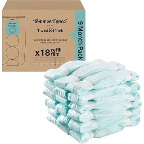 Tommee Tippee Twist & Click Nappy Bin Refill, Pack of 18, Each 10.5 Metres, Multilayer, Antibacterial* Cassette, Designed to Slot into Your Existing Bin, 18 X 10.5m (Pack May Vary)