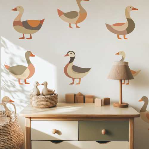 Boho Duck Wall Decals | Set of 8 Earth Tone Duck Stickers 12" Tall | Woodland Nursery Decor, Kids Room Art, Removable Farm Animal Decals