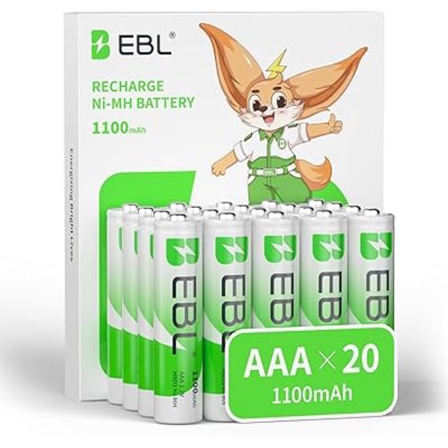 EBL 20 Pack 1500 Cycle 1100mAh AAA Ni-MH Rechargeable Batteries AAA (Typical 1100mAh, Minimum 1000mAh)
