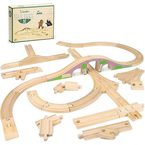 Conductor Carl 42-Piece Bulk Value Wooden Train Track Booster Pack with Red Brick Bridge - Compatible with All Major Toy Train Brands