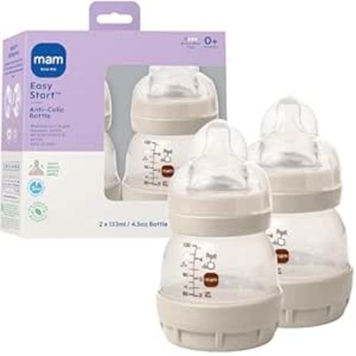 MAM 4.5oz Easy Start Anti-Colic Wide Neck Vented Baby Bottle, Extra Slow Flow Breastfeeding-Like Silicone Nipple, Reduces Colic, Gas & Reflux, Easy to Clean, BPA Free, 0+ Months, Made in Europe