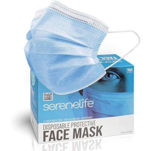 SereneLife 100-Count Disposable Face Masks - 3-Layer Protection, Breathable, for Dust Covering (For Adults)