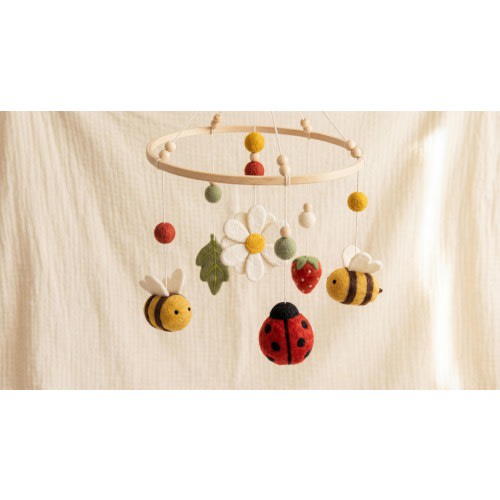 Wool Felt Garden Baby Mobile | Bees, Daisies, Ladybugs, Strawberries | Boho Nursery Decor