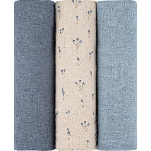 Ely's & Co. Muslin Swaddle Blanket 3-Pack for Baby Boy— 100% Cotton Muslin Extra-Large Swaddle Blankets (47”x 47”) Blue Bluebell