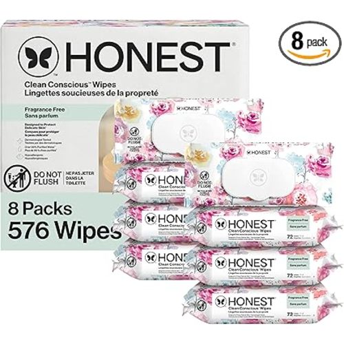 The Honest Company Baby Wipes for Sensitive Skin, Hypoallergenic, Fragrance-Free, Multi-Use, Rose Blossom Design, 576 Count (6 Packs of 96)