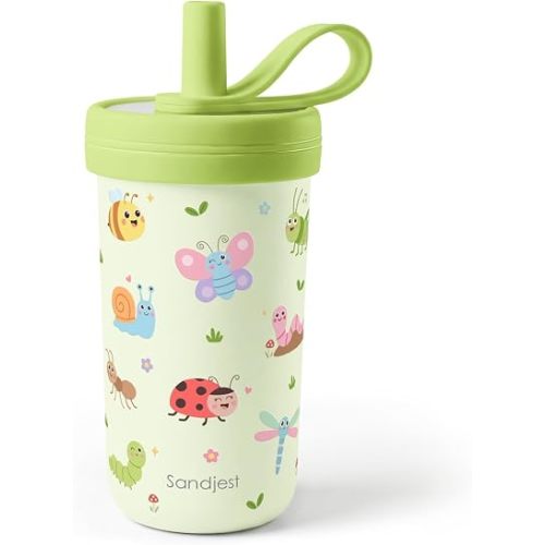 SANDJEST Kids Stainless Steel Tumbler with Silicone Straw 14oz, Bug and Insect Insulated Drinking Cup for Children, Girls, Boys for Back To School, Birthday
