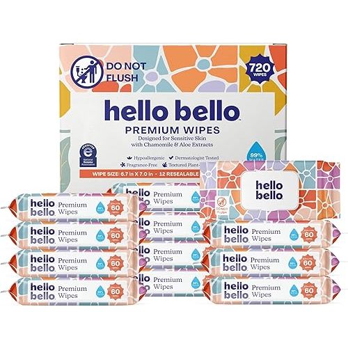 Hello Bello Premium Wipes, Designed for Sensitive Skin with Chamomile & Aloe Extracts, Flower Pop (12 Resealable Packets = 720 Total Wipes)
