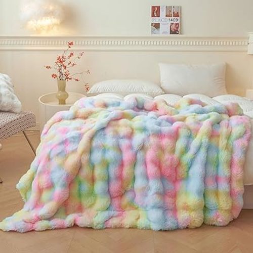 LIFEREVO Fluffy Faux Rabbit Fur Bubble Blanket, Tie Dye Plush Shaggy Throw Couch Sofa, Cozy Comfy Furry Big Bed Blanket Adults Kids Girls, Aesthetic Fuzzy Throw for Bedroom Living Room, 60x80, Rainbow
