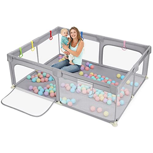 Dripex Baby Playpen, 79"x59" Play Pens for Babies and Toddlers, Safe Anti-Fall Play Yard with Gates, Baby Fence with Breathable Mesh, Indoor & Outdoor Kids Activity Center, Light Grey