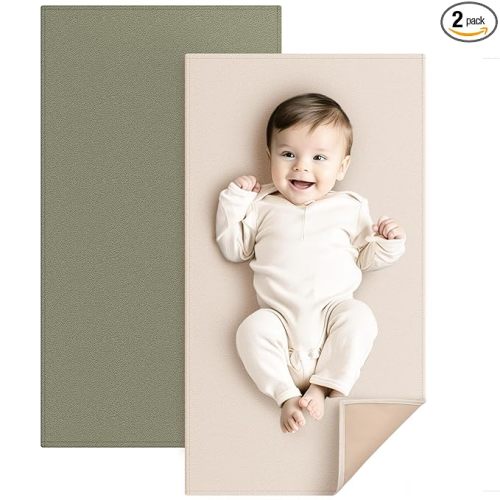 Konssy Faux Leather Baby Changing Mat, Waterproof, Wipeable & Portable Diaper Changing Pad for Travel or Home, Fits Perfectly in Diaper Bag, 30 x 17 inches (Fog Green,Beige)