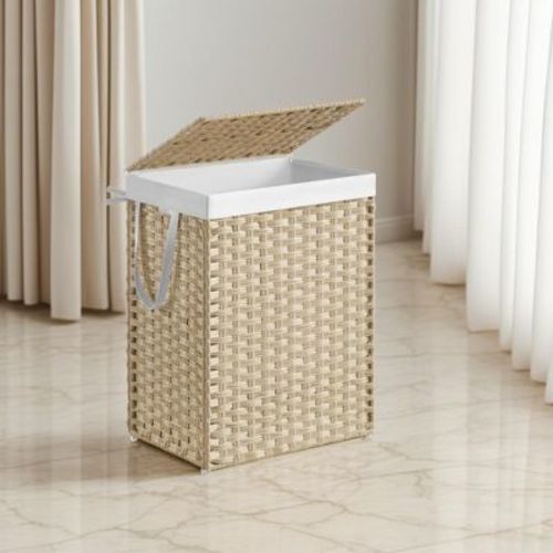 LEDREM Laundry Basket, Foldable Synthetic Rattan Storage Basket with Lid and Handles, Removable Liners, Laundry Room, Natural