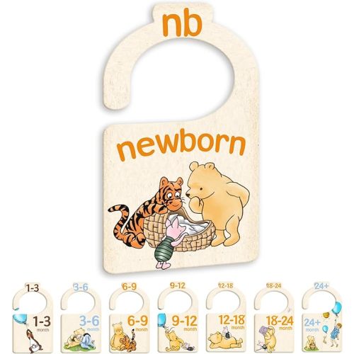 JMOST Pooh Bear Baby Closet Dividers for Nursery Closet Organizer, Newborn to 24 Months Size Clothes, Bear Hangers with Size Dividers, Double Sided