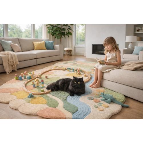 Kids Pastel Landscape Play Rug | Handmade Tufted Organic Shape Area Carpet | Nursery Playroom Floor Mat with River Road Design