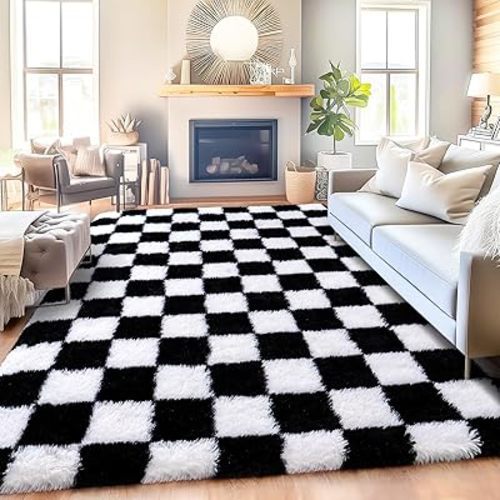 Checkered Rug for Living Room 8x10, Ultra Fluffy Fuzzy Shag Black and White Large Area Rug for Bedroom, Modern Plush Soft Upgrade Non-Slip Carpet for Kids Girls and Boys Room Dorm Home Decor