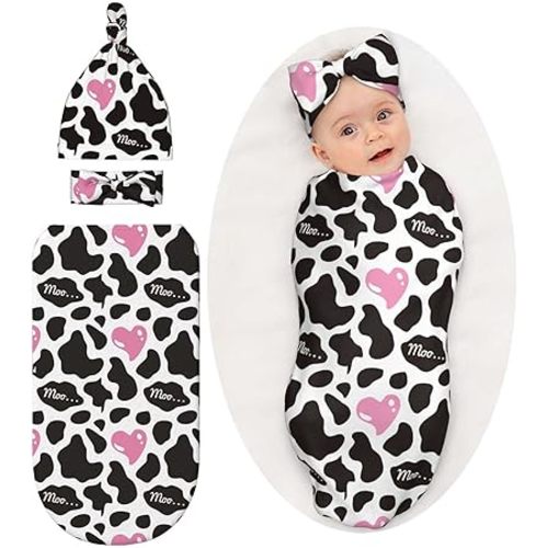 Cow Print Pink Heart Baby Stuff Swaddle Blanket Wrap Baby Newborn Blanket Soft Sleep Sack Stretchy with Headband Hat Set Gift for Infant Boy Girl