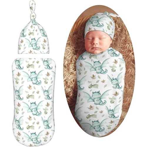 Cute and Adorable Dragon Newborn Swaddle Blankets Hat Sets Soft Baby Receiving Blanket Swaddle Sack for Baby Shower Infant Boy Girl Gift