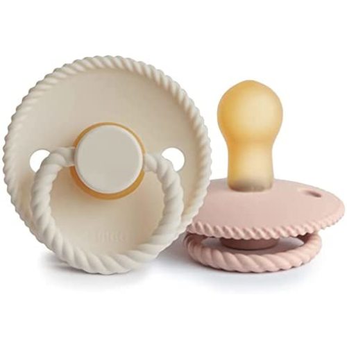 FRIGG Rope Natural Rubber Baby Pacifier | Made in Denmark | BPA-Free (Blush/Cream, 0-6 Months)