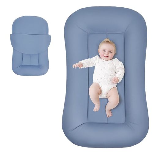 Baby Lounger for Newborn, Portable Tummy Time Mat for Home and Travel, 0-24 Months, Soft Cotton Cover, Blue