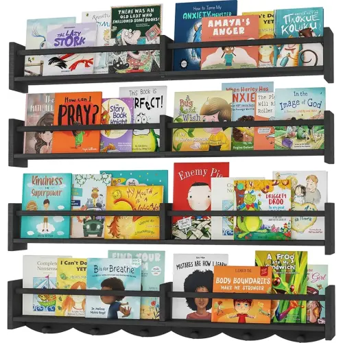 34Inch Nursery Bookshelves,Set of 4,Wall Floating Shelf Kids Coat Rack with 6Hooks,Hanging Book Shelf for Baby Nursery Room Décor ，Patent Number: 29958098(Black, 34)