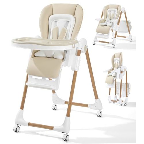 Mallify Foldable High Chairs for Babies and Toddlers, 3-in-1 Convertible Baby High Chair with Removable Soft Cushion and Tray, Adjustable Height & Recline, Lockable Wheels, Cream