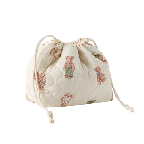 Cotton Quilted Drawstring Makeup Bag with Canvas Lining,Coquette Aesthetic Cute Travel Toiletry Bag,Drawstring Gift Bag for Women and Girls（04White Bear）