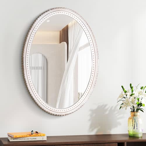 HCODCIBA Wood Oval Mirror 20 x 28 Inch Farmhouse Bedroom Living Room Bathroom Decorative Wall Mirror