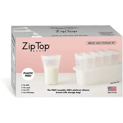 Zip Top Reusable 100% Platinum Silicone Breast Milk Storage, Made in The USA - Bag Set of 6 + Freezer Tray