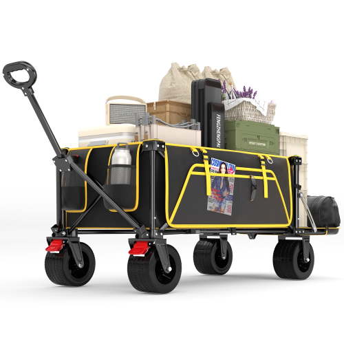 AQUVII Collapsible Folding Wagon, All-Terrain Tank Wheels with Extended Tailgate for Camping, Garden, Shopping, Beach, Black
