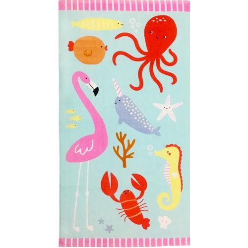 YIFONTIN Beach Towel for Kids Velour Terry Blanket Throw 100% Cotton 25.5X51 inches for Swimming Bath Travel Camping and Picnic, Flamingo Lobster Octopus.
