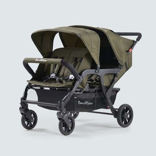 Familidoo H4E Quad Lidoo Lite 4-Seater Stroller Wagon for Kids, Lightweight & Foldable with Reclining Seats, 5-Point Harness, Double Canopy & Rain Cover (Olive)