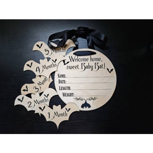 Gothic Baby Stats Announcement, Bat Wall Decor, Personalized Baby Milestone Marker Photo Prop, Witchy Baby Gift, Baby Name Door Sign