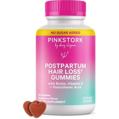 Pink Stork Postpartum Hair Loss Gummies | Biotin, Pantothenic Acid, Vitamin E, B6, B12 | Postnatal Hair Growth + Regrowth Support | Breastfeeding-Friendly | Postpartum Essentials | 60 Gummies