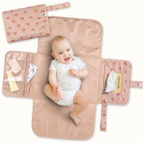 Tiny Twinkle Portable Diaper Changing Pad | Waterproof, Wipeable & Compact Baby Changing Pad for Travel | Smart Wipes Pocket & Organized Storage| Newborn Shower Gift (Boho Rainbow)