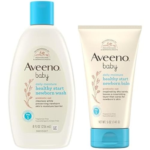 Bundle of Aveeno Baby Healthy Start Newborn Wash, Hypoallergenic Baby Body Wash with Prebiotic Oat, Fragrance-Free, 8 fl. oz + Newborn Balm, Baby Skin Balm with Prebiotic Oat , Fragrance-Free, 5 oz