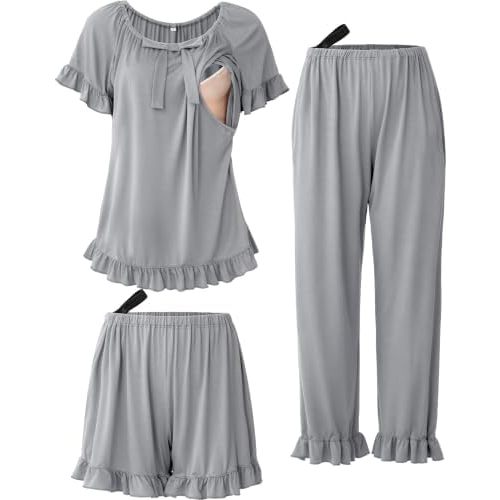 SUNNYBUY 3Pcs Ruffle Trim Postpartum Nursing Pajamas Set with Bowknot, Maternity Breastfeeding PJS Pregnancy Sleepwear