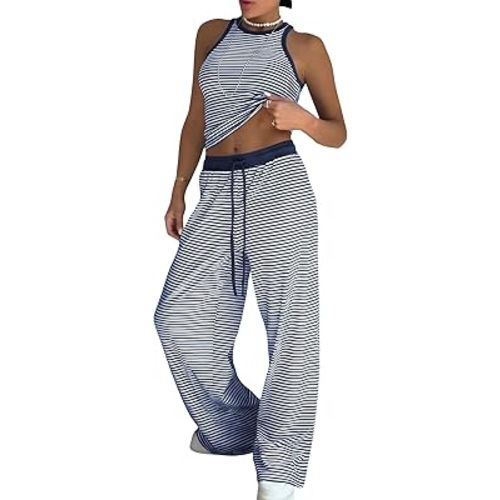 EXLURA Womens Cotton Summer 2 Piece Outfits Striped Halter Tops Matching Wide Leg Pant Sets Lounge Tracksuits Vacation Travel