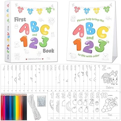 Party Hearty Baby's First ABC & 123 Book Baby Shower Activity, Guest Book Alternative with Alphabet Coloring Pages, Educational Keepsake & Activities for Guests - Baby Shower Games Craft Kit