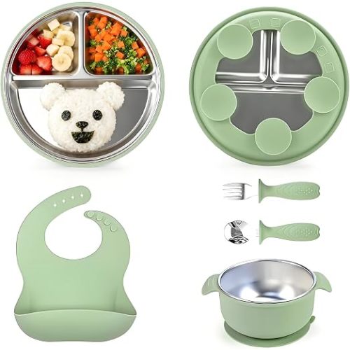 Baby Bowls with Suction, Toddler Tableware Set, 3 Compartment Stainless Steel Silicone Bowl & Utensils, Silicone Baby Feeding Set, Green