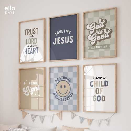 Kids Christian Wall Art Set of 6, Boy Room Decor Bible Verse Prints, Boy Christian Nursery Scripture Wall Art, Modern Christian Decor