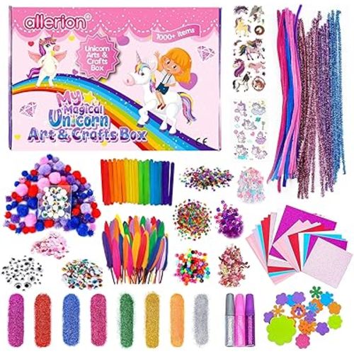 Allerion Unicorn Arts & Crafts Kit for Kids – 1000+ Pieces with Glitter, Pom Poms, Stickers, Sequins, Feathers & More – DIY Craft Supplies Set for Girls & Boys Ages 4–12
